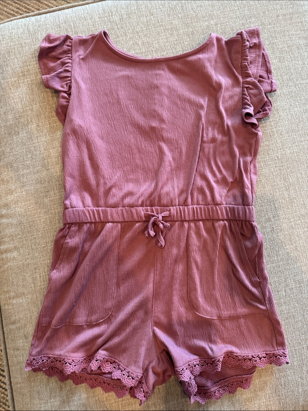 Vanilla Star Mauve Pink Lace-Trim Knit Romper